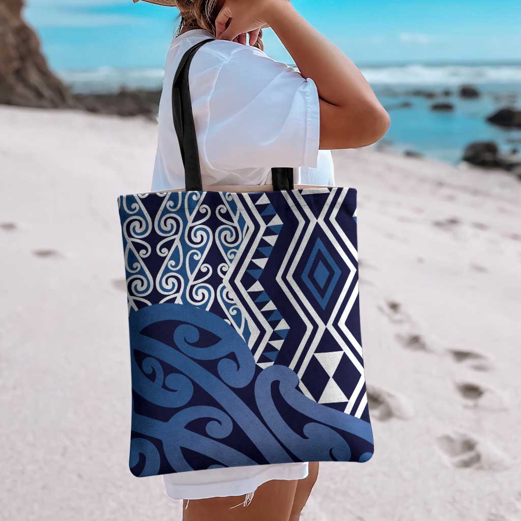 New Zealand Tote Bag Aotearoa Kowhaiwhai Mix Taniko Art - Blue - Aussie Hoodie