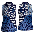 New Zealand Women Sleeveless Polo Shirt Aotearoa Kowhaiwhai Mix Taniko Art - Blue