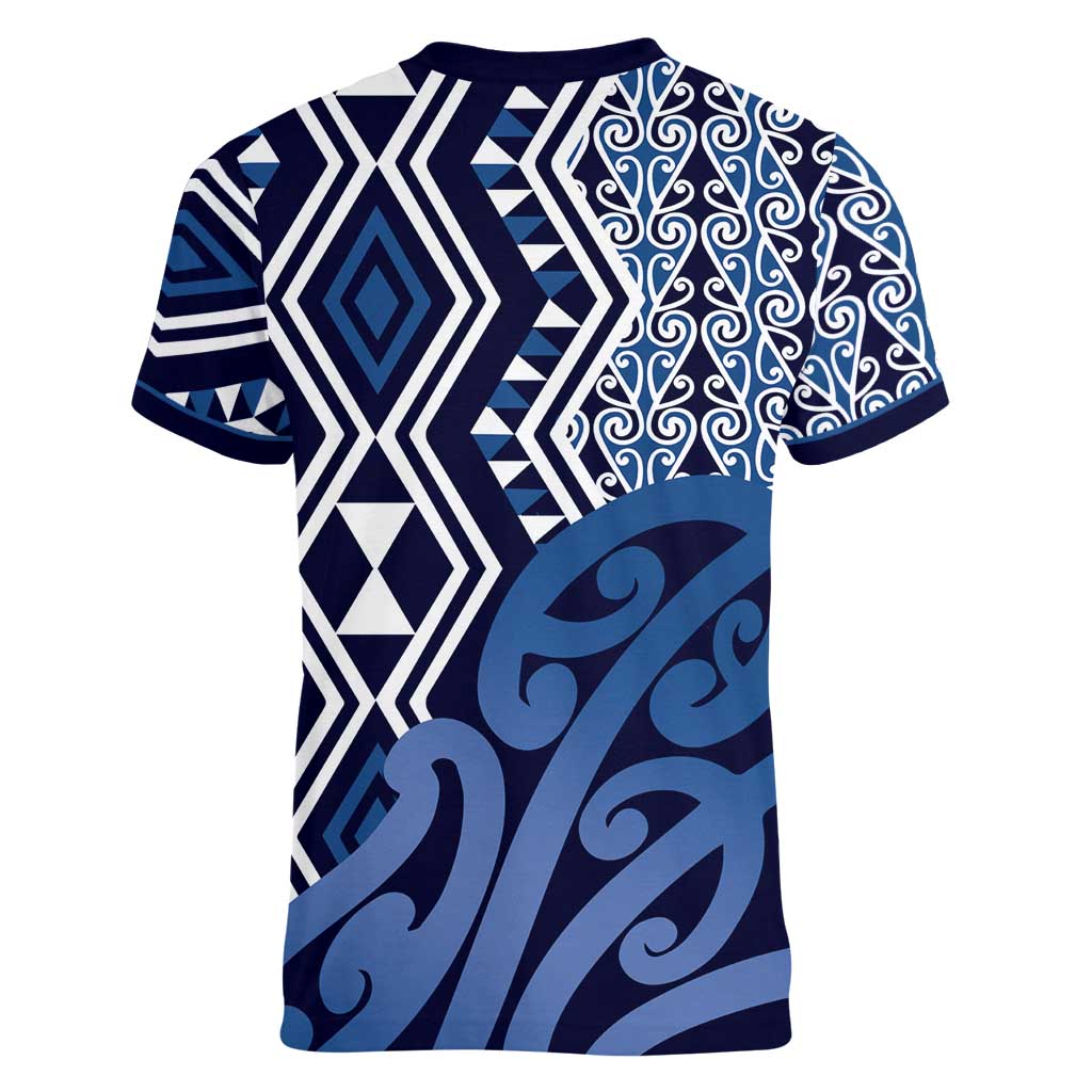New Zealand Women V-Neck T-Shirt Aotearoa Kowhaiwhai Mix Taniko Art - Blue