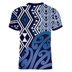 New Zealand Women V-Neck T-Shirt Aotearoa Kowhaiwhai Mix Taniko Art - Blue