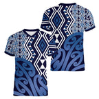 New Zealand Women V-Neck T-Shirt Aotearoa Kowhaiwhai Mix Taniko Art - Blue