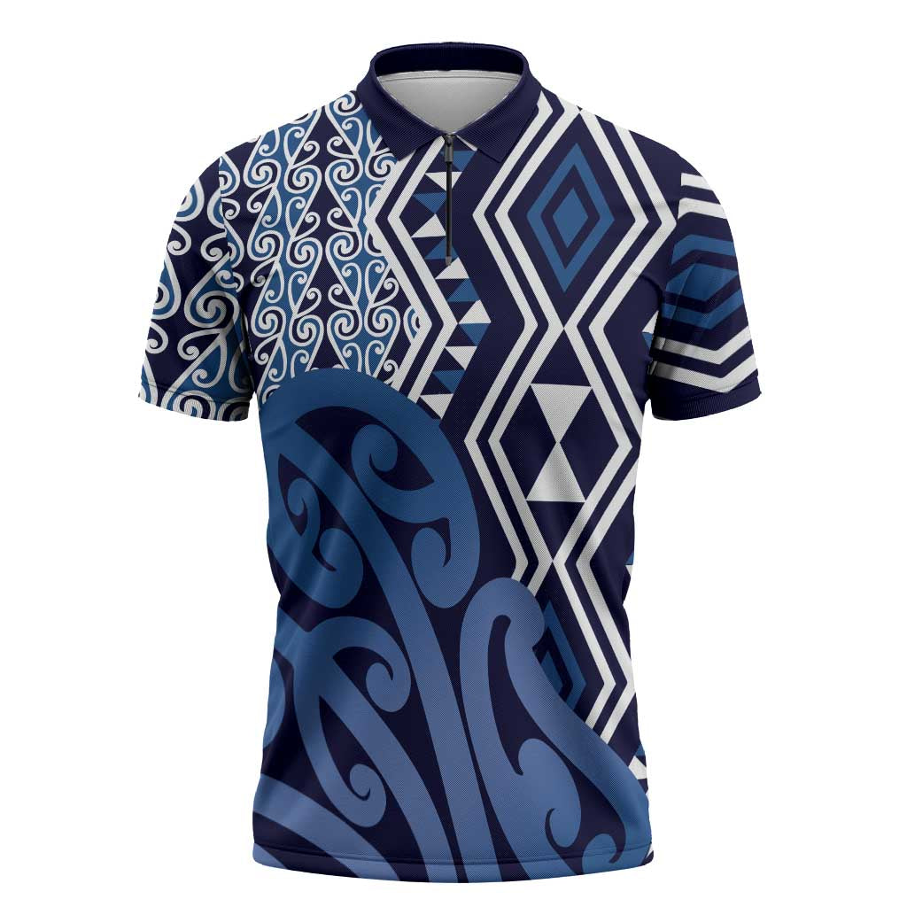 New Zealand Zipper Polo Shirt Aotearoa Kowhaiwhai Mix Taniko Art - Blue - Aussie Hoodie