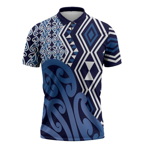 New Zealand Zipper Polo Shirt Aotearoa Kowhaiwhai Mix Taniko Art - Blue - Aussie Hoodie