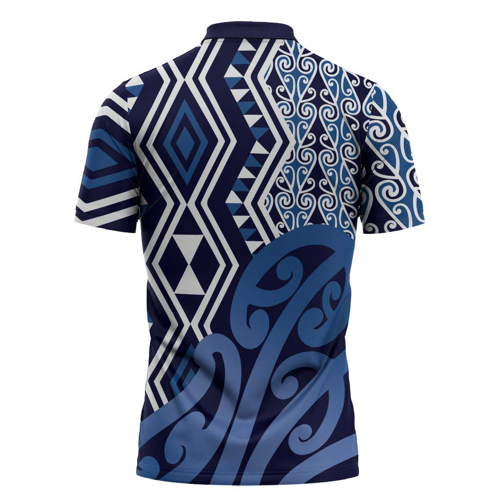 New Zealand Zipper Polo Shirt Aotearoa Kowhaiwhai Mix Taniko Art - Blue - Aussie Hoodie