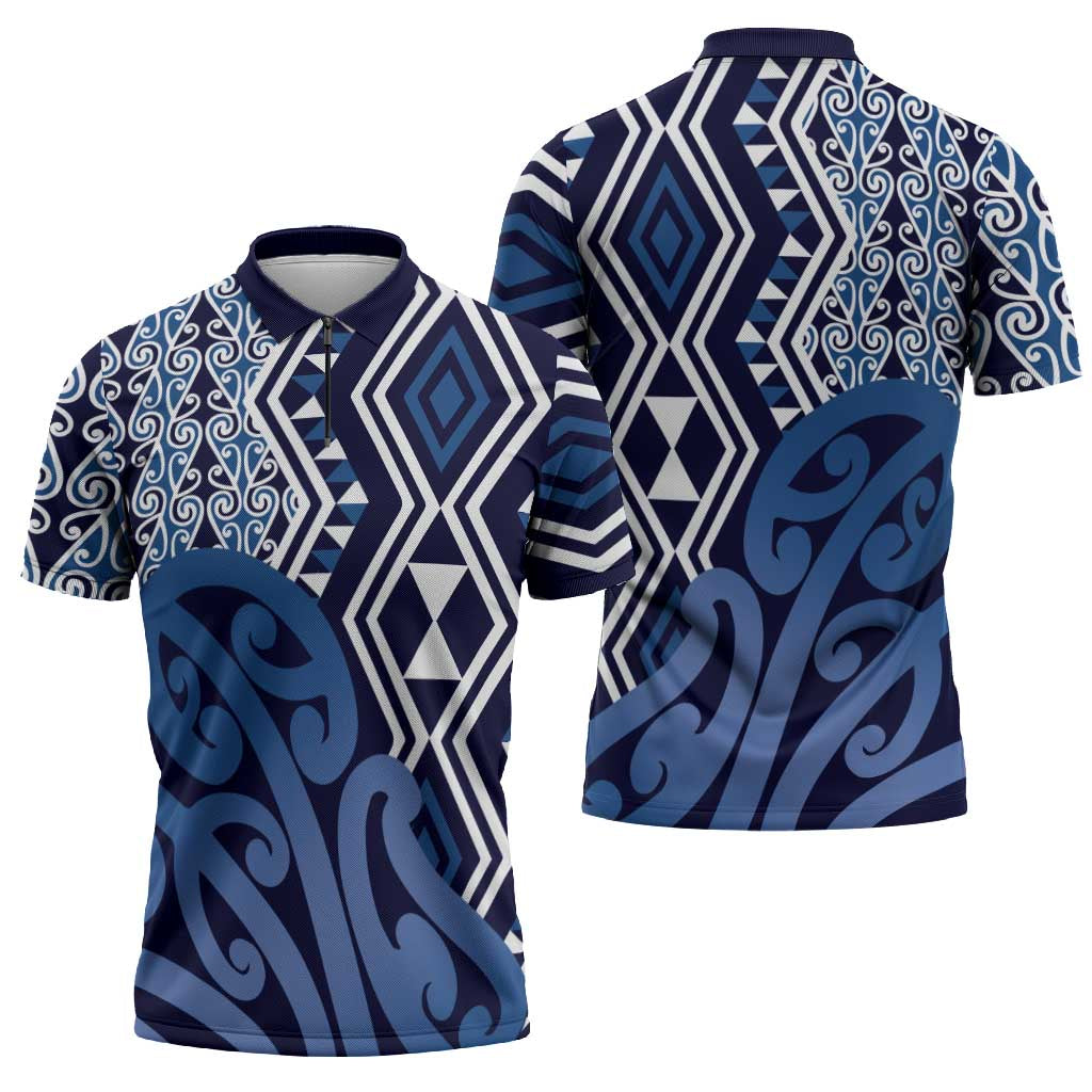New Zealand Zipper Polo Shirt Aotearoa Kowhaiwhai Mix Taniko Art - Blue - Aussie Hoodie
