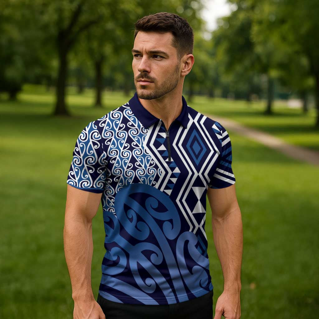 New Zealand Zipper Polo Shirt Aotearoa Kowhaiwhai Mix Taniko Art - Blue - Aussie Hoodie