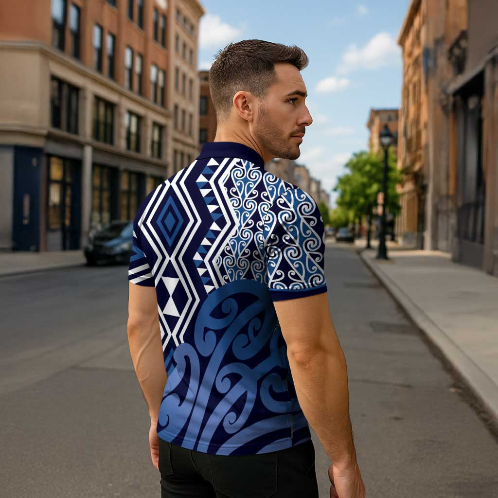 New Zealand Zipper Polo Shirt Aotearoa Kowhaiwhai Mix Taniko Art - Blue - Aussie Hoodie