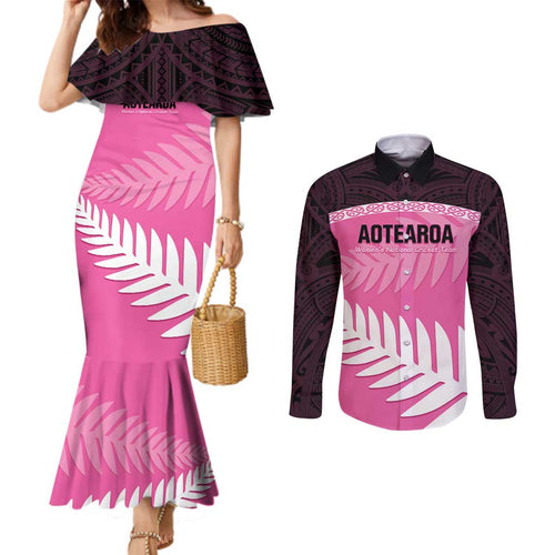 Custom New Zealand Aotearoa Cricket Couples Matching Mermaid Dress and Long Sleeve Button Shirt Go White Silver Fern