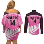 Custom New Zealand Aotearoa Cricket Couples Matching Off Shoulder Short Dress and Long Sleeve Button Shirt Go White Silver Fern