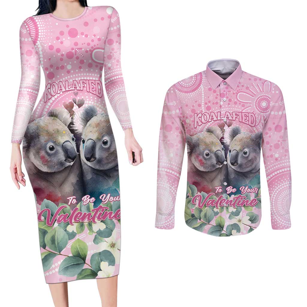 Australia Koala Valentine's Day Couples Matching Long Sleeve Bodycon Dress and Long Sleeve Button Shirt Koalified To Be Your Valentine