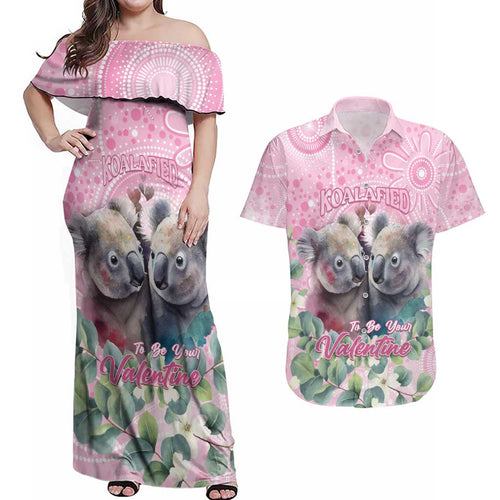 Australia Koala Valentine's Day Couples Matching Off Shoulder Maxi Dress and Hawaiian Shirt Koalified To Be Your Valentine