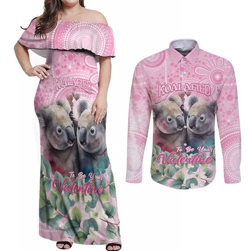 Australia Koala Valentine's Day Couples Matching Off Shoulder Maxi Dress and Long Sleeve Button Shirt Koalified To Be Your Valentine
