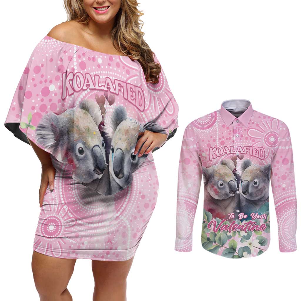 Australia Koala Valentine's Day Couples Matching Off Shoulder Short Dress and Long Sleeve Button Shirt Koalified To Be Your Valentine