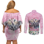 Australia Koala Valentine's Day Couples Matching Off Shoulder Short Dress and Long Sleeve Button Shirt Koalified To Be Your Valentine