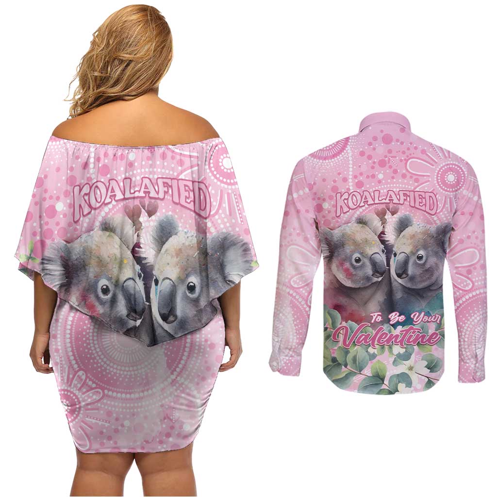 Australia Koala Valentine's Day Couples Matching Off Shoulder Short Dress and Long Sleeve Button Shirt Koalified To Be Your Valentine