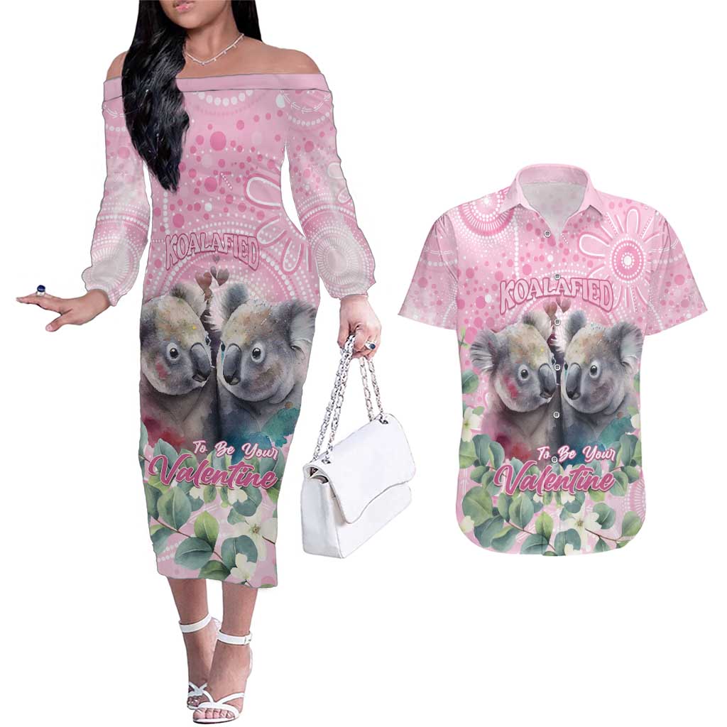 Australia Koala Valentine's Day Couples Matching Off The Shoulder Long Sleeve Dress and Hawaiian Shirt Koalified To Be Your Valentine