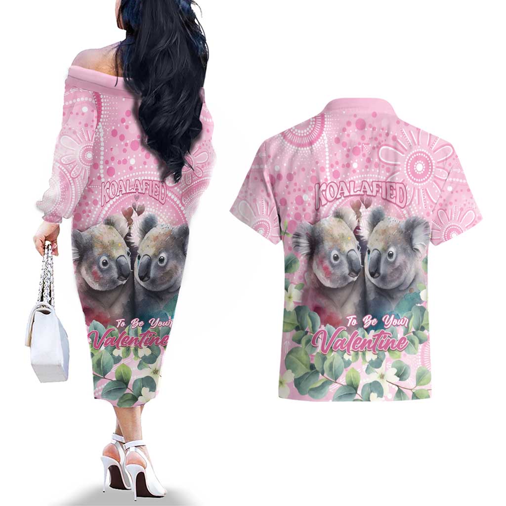 Australia Koala Valentine's Day Couples Matching Off The Shoulder Long Sleeve Dress and Hawaiian Shirt Koalified To Be Your Valentine