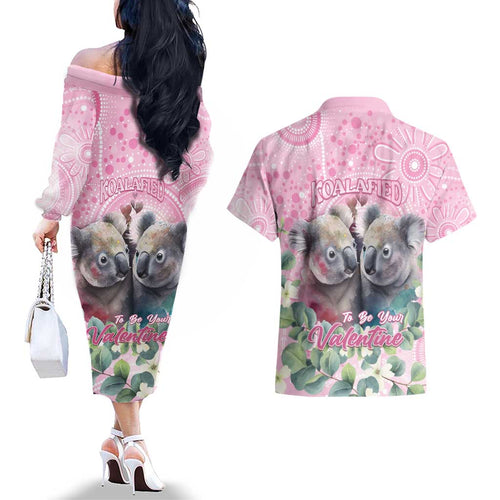 Australia Koala Valentine's Day Couples Matching Off The Shoulder Long Sleeve Dress and Hawaiian Shirt Koalified To Be Your Valentine