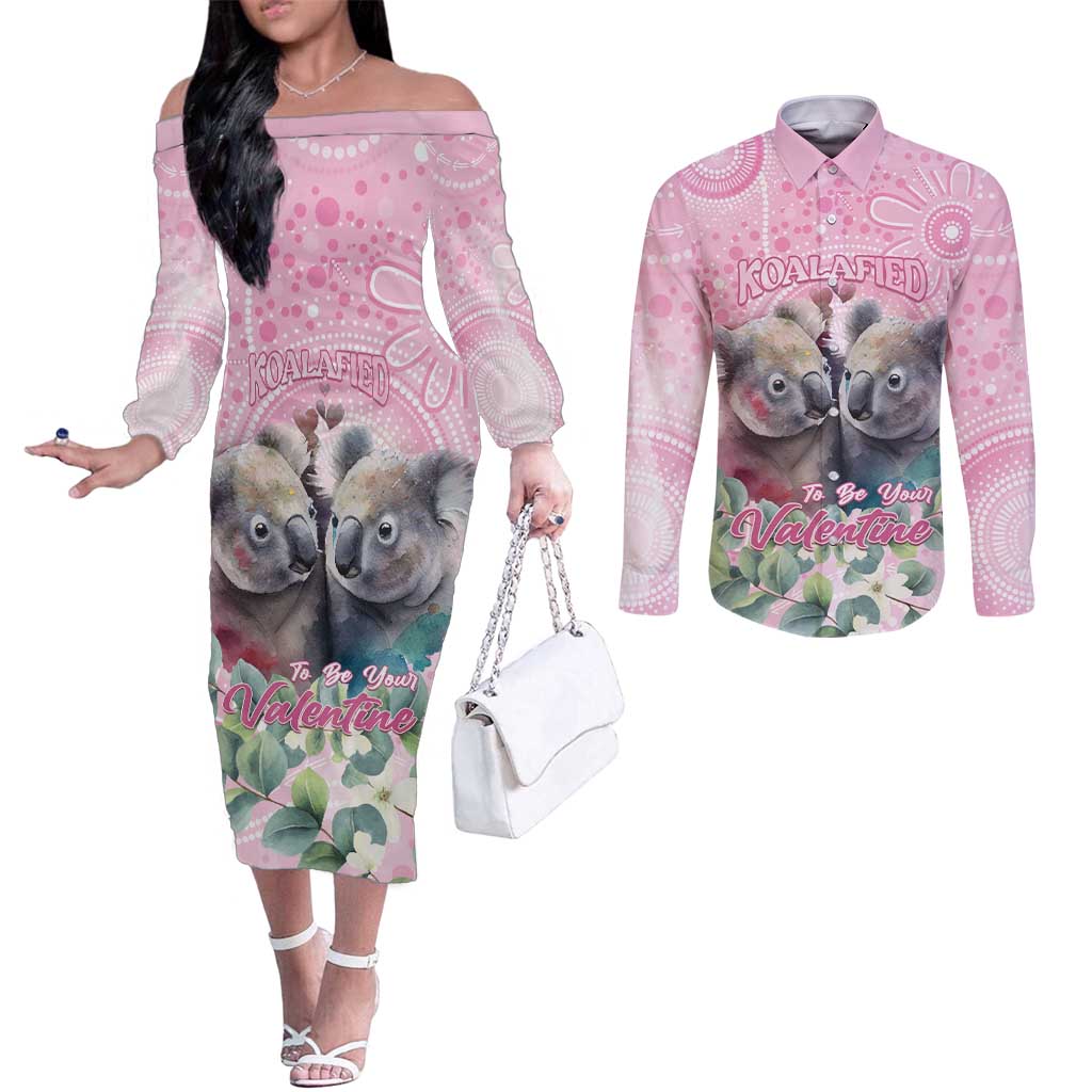Australia Koala Valentine's Day Couples Matching Off The Shoulder Long Sleeve Dress and Long Sleeve Button Shirt Koalified To Be Your Valentine