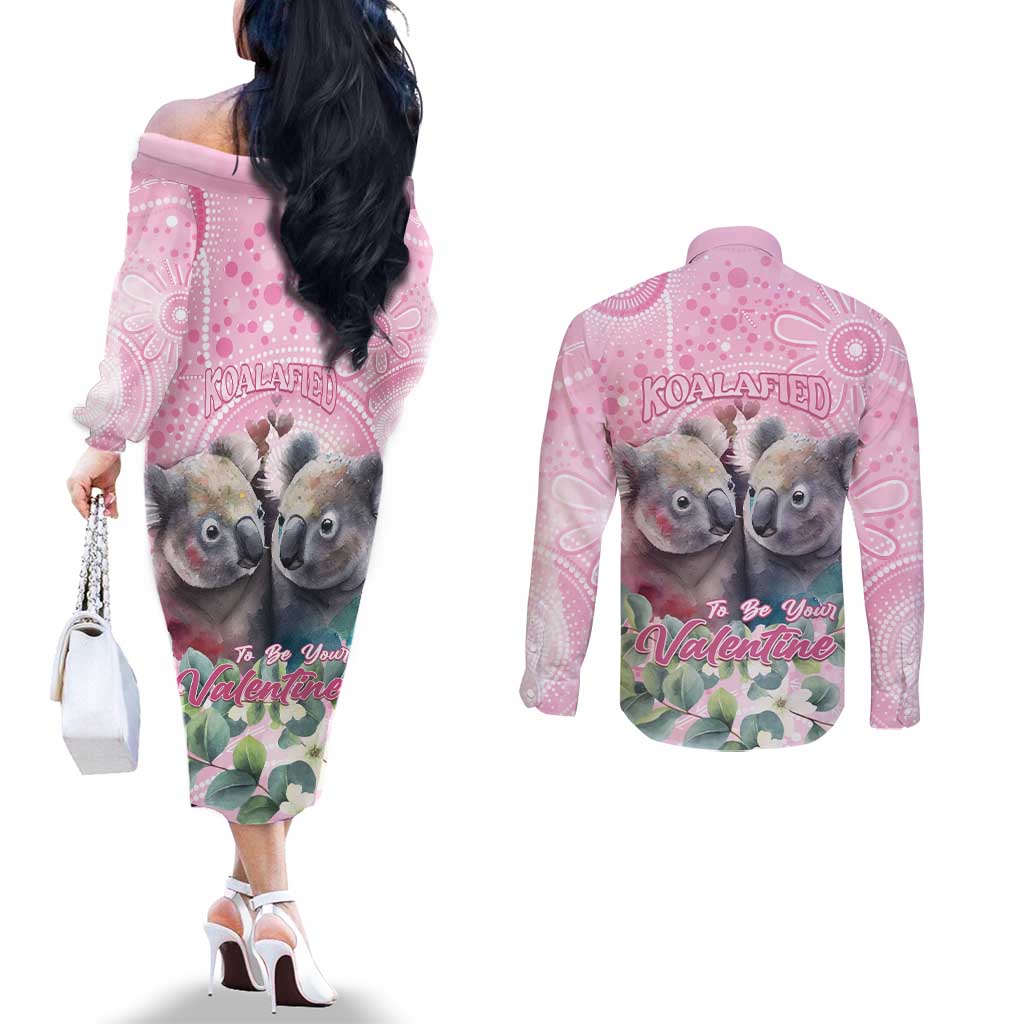 Australia Koala Valentine's Day Couples Matching Off The Shoulder Long Sleeve Dress and Long Sleeve Button Shirt Koalified To Be Your Valentine