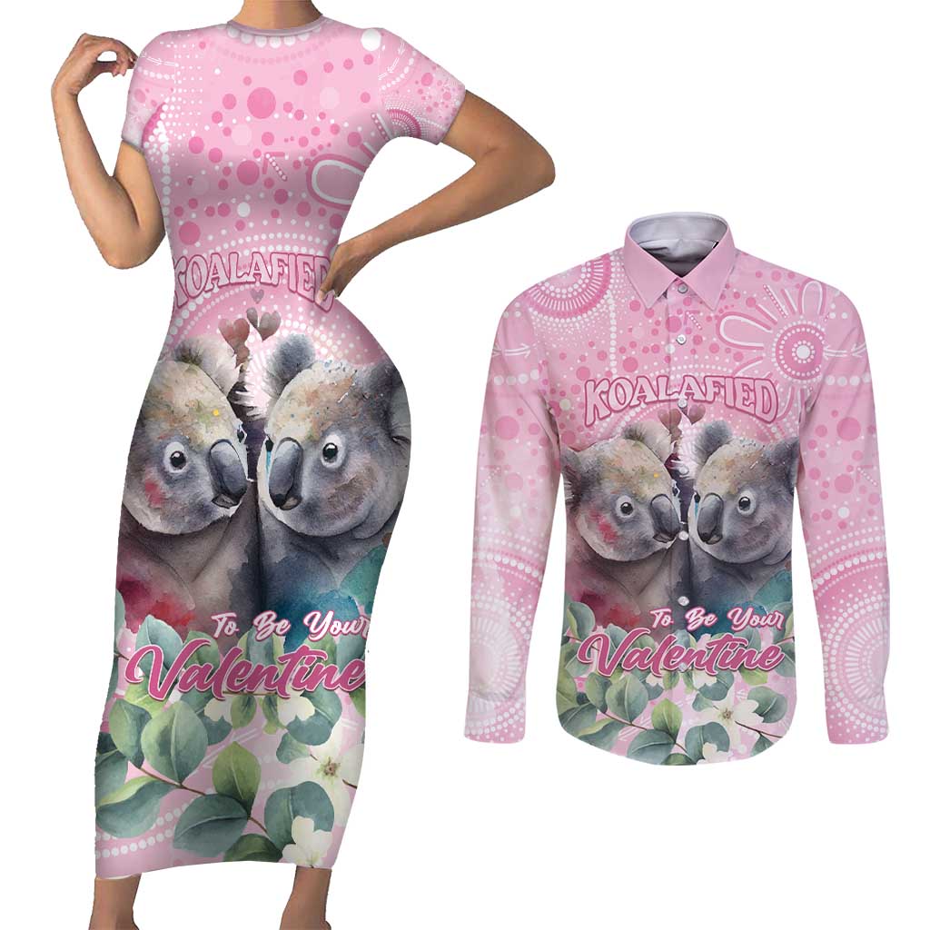 Australia Koala Valentine's Day Couples Matching Short Sleeve Bodycon Dress and Long Sleeve Button Shirt Koalified To Be Your Valentine