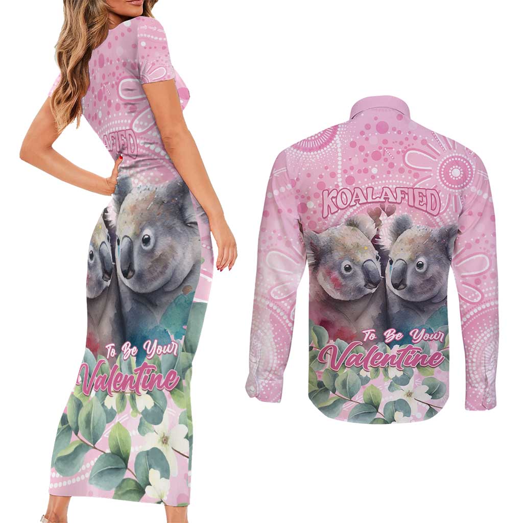 Australia Koala Valentine's Day Couples Matching Short Sleeve Bodycon Dress and Long Sleeve Button Shirt Koalified To Be Your Valentine