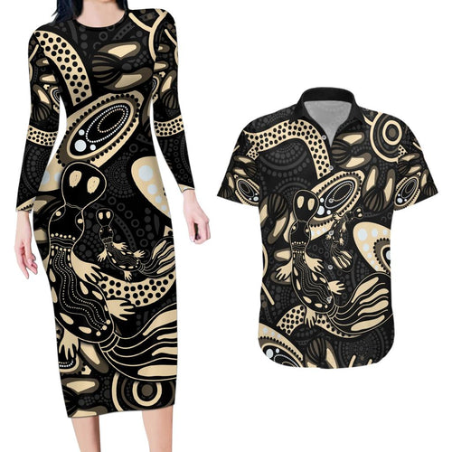 Australia Mothers Day Couples Matching Long Sleeve Bodycon Dress and Hawaiian Shirt Mom And Baby Platypus Aboriginal Art
