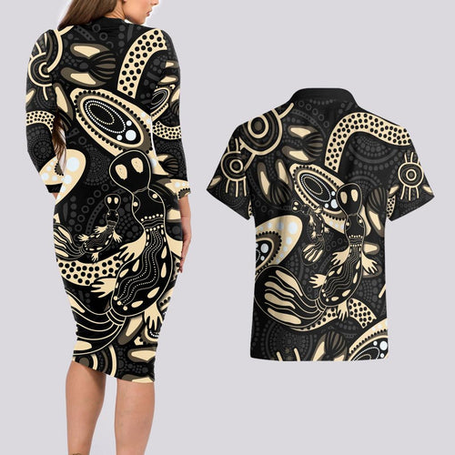 Australia Mothers Day Couples Matching Long Sleeve Bodycon Dress and Hawaiian Shirt Mom And Baby Platypus Aboriginal Art