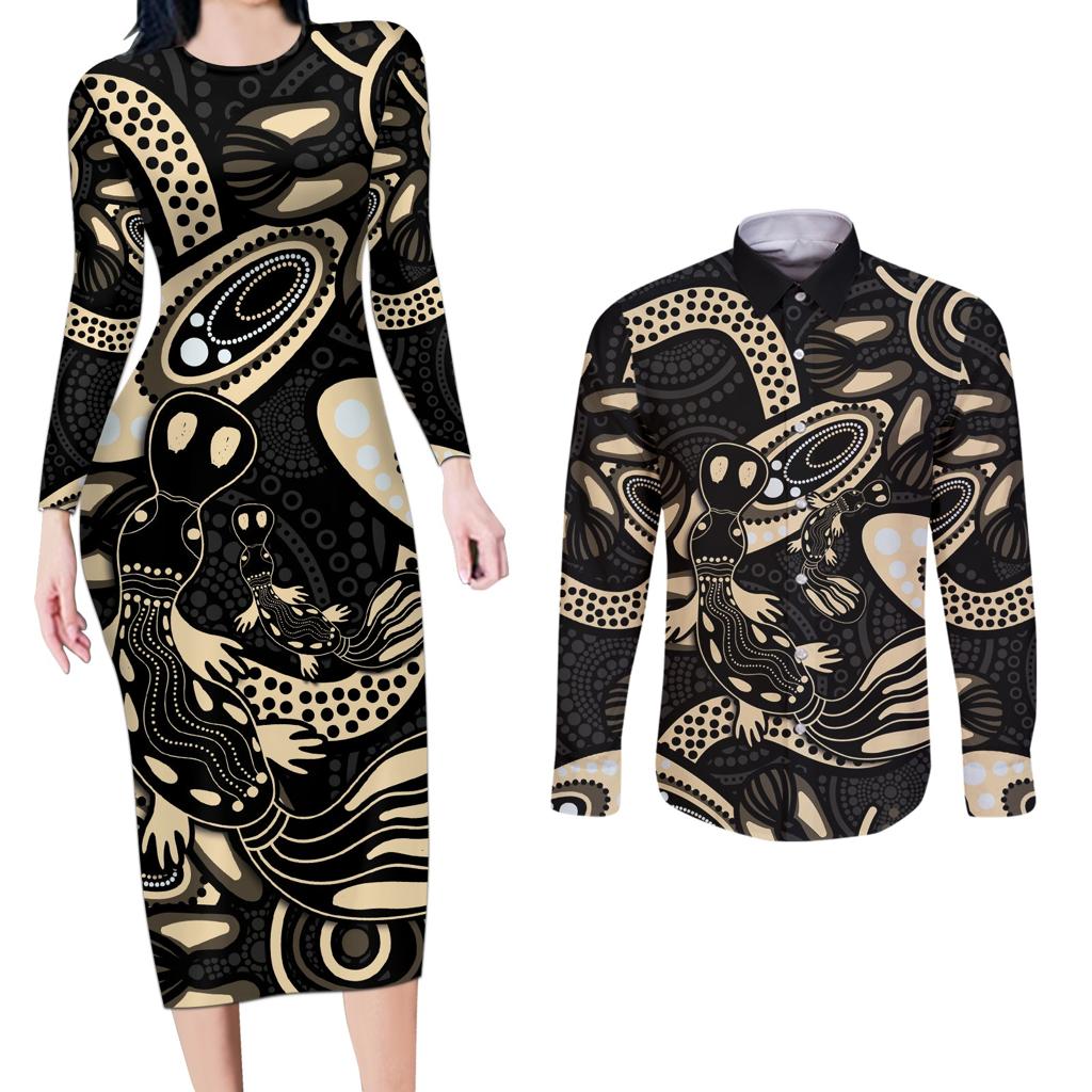 Australia Mothers Day Couples Matching Long Sleeve Bodycon Dress and Long Sleeve Button Shirt Mom And Baby Platypus Aboriginal Art