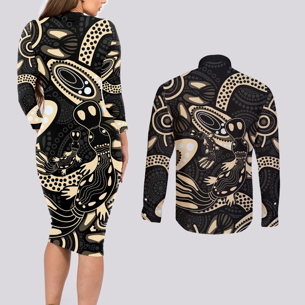 Australia Mothers Day Couples Matching Long Sleeve Bodycon Dress and Long Sleeve Button Shirt Mom And Baby Platypus Aboriginal Art