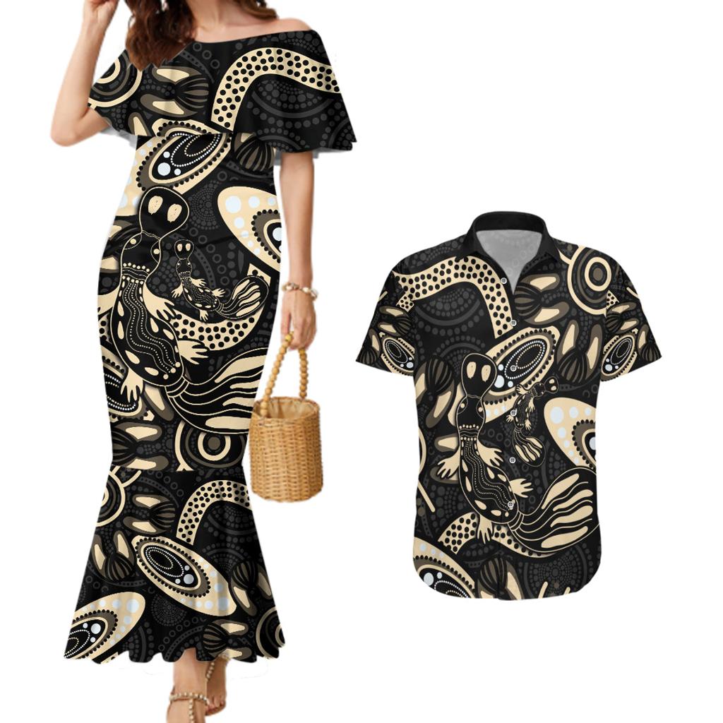 Australia Mothers Day Couples Matching Mermaid Dress and Hawaiian Shirt Mom And Baby Platypus Aboriginal Art