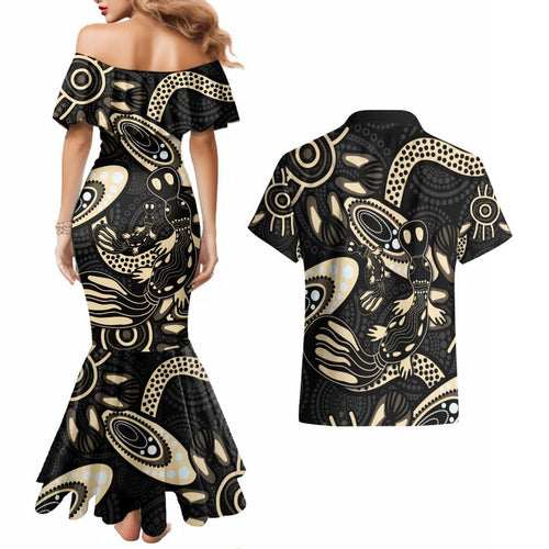 Australia Mothers Day Couples Matching Mermaid Dress and Hawaiian Shirt Mom And Baby Platypus Aboriginal Art