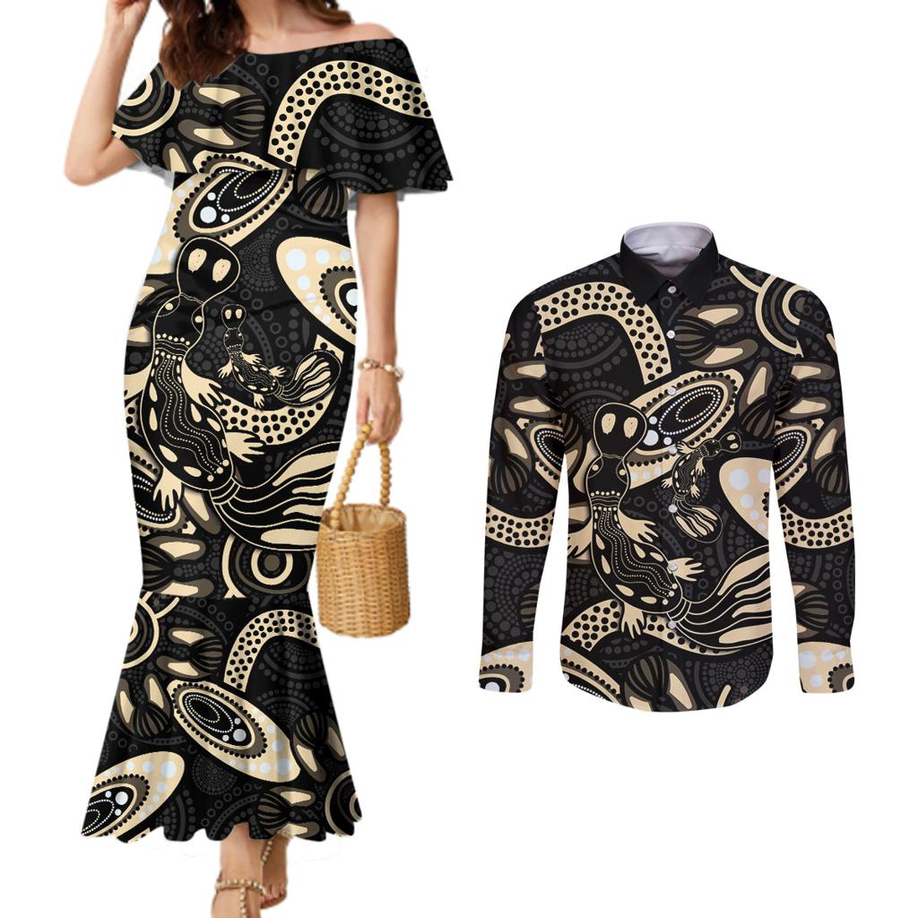 Australia Mothers Day Couples Matching Mermaid Dress and Long Sleeve Button Shirt Mom And Baby Platypus Aboriginal Art