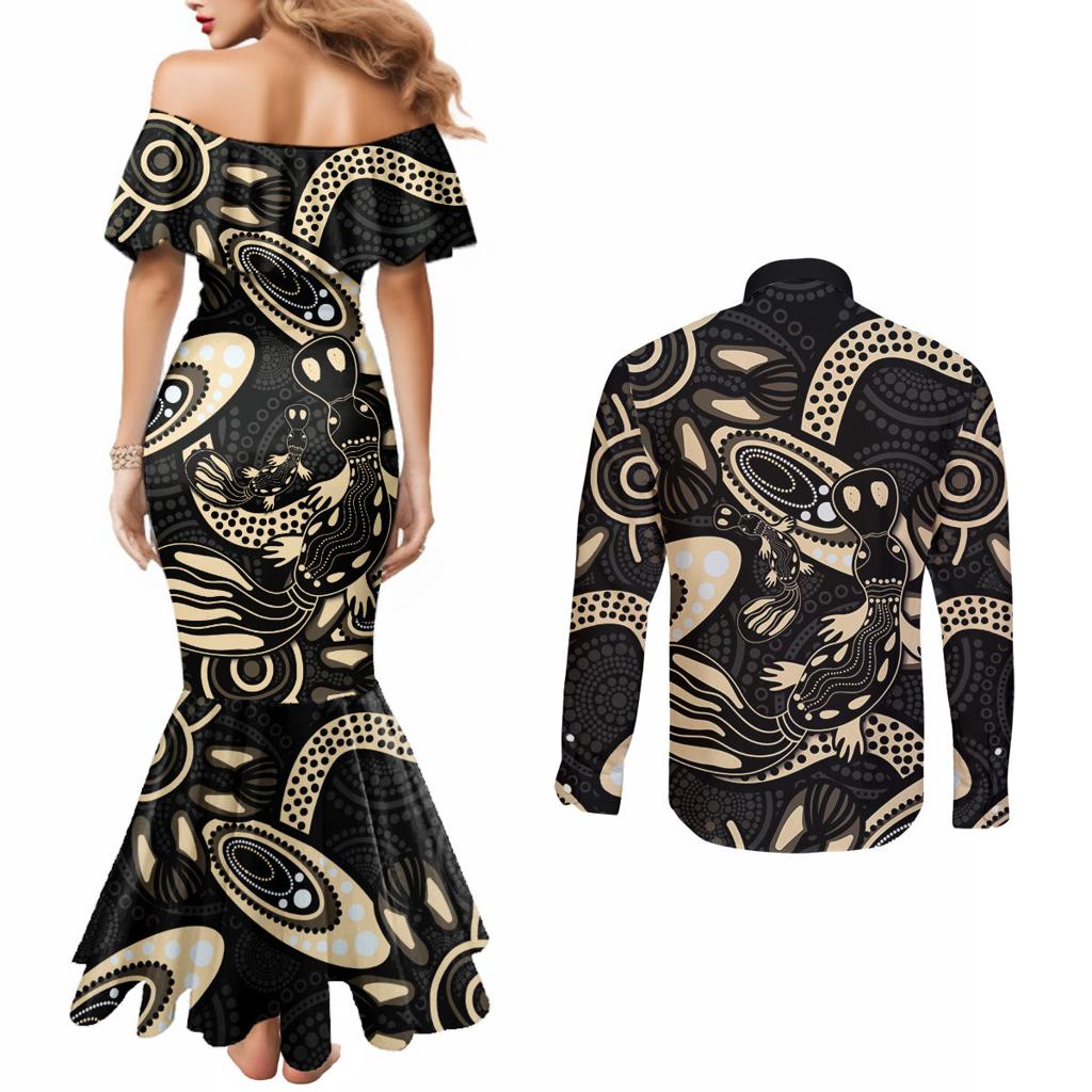Australia Mothers Day Couples Matching Mermaid Dress and Long Sleeve Button Shirt Mom And Baby Platypus Aboriginal Art