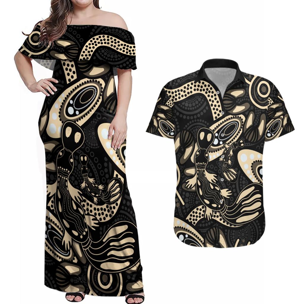 Australia Mothers Day Couples Matching Off Shoulder Maxi Dress and Hawaiian Shirt Mom And Baby Platypus Aboriginal Art