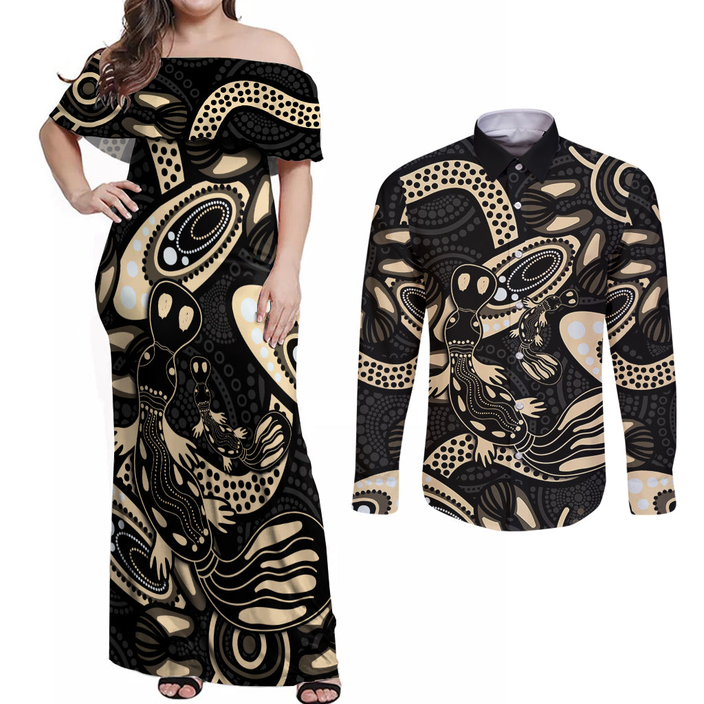 Australia Mothers Day Couples Matching Off Shoulder Maxi Dress and Long Sleeve Button Shirt Mom And Baby Platypus Aboriginal Art