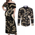 Australia Mothers Day Couples Matching Off Shoulder Maxi Dress and Long Sleeve Button Shirt Mom And Baby Platypus Aboriginal Art