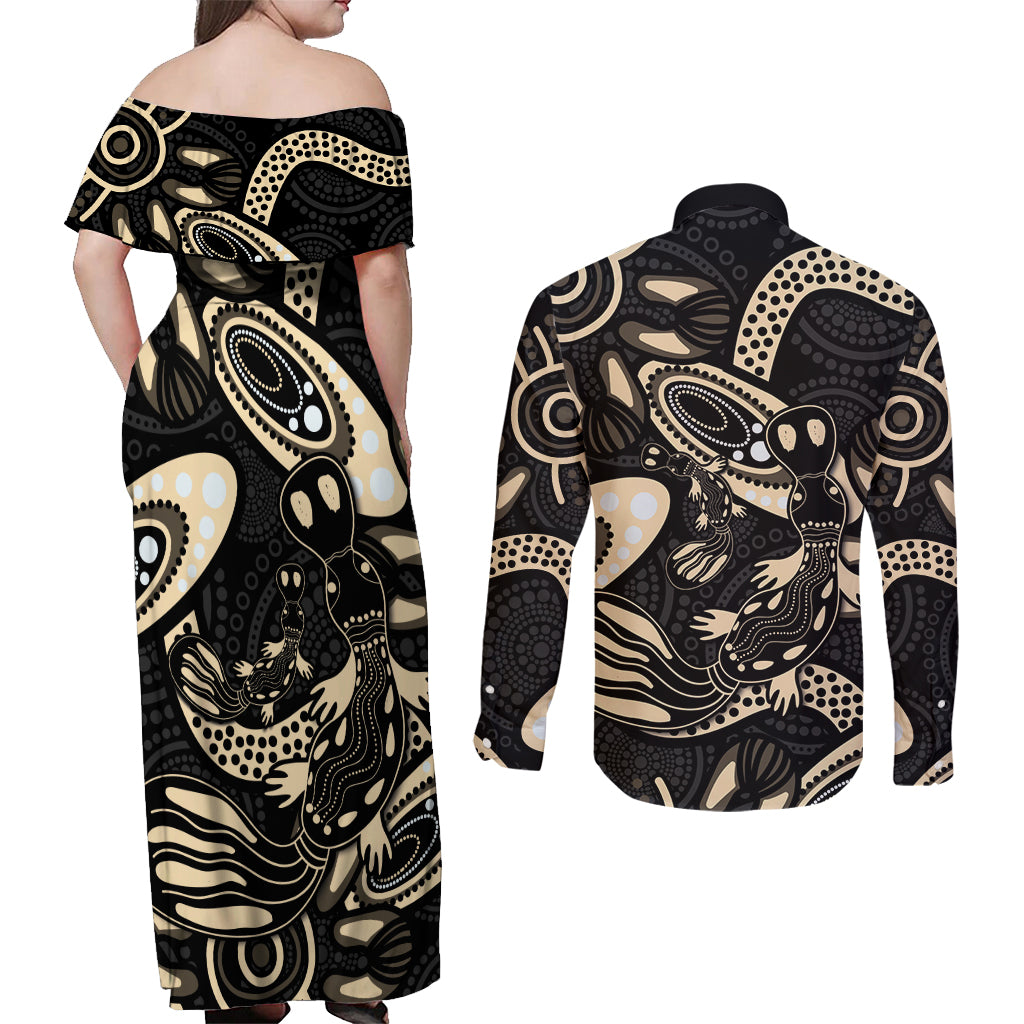 Australia Mothers Day Couples Matching Off Shoulder Maxi Dress and Long Sleeve Button Shirt Mom And Baby Platypus Aboriginal Art