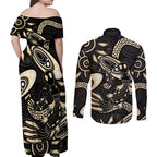 Australia Mothers Day Couples Matching Off Shoulder Maxi Dress and Long Sleeve Button Shirt Mom And Baby Platypus Aboriginal Art