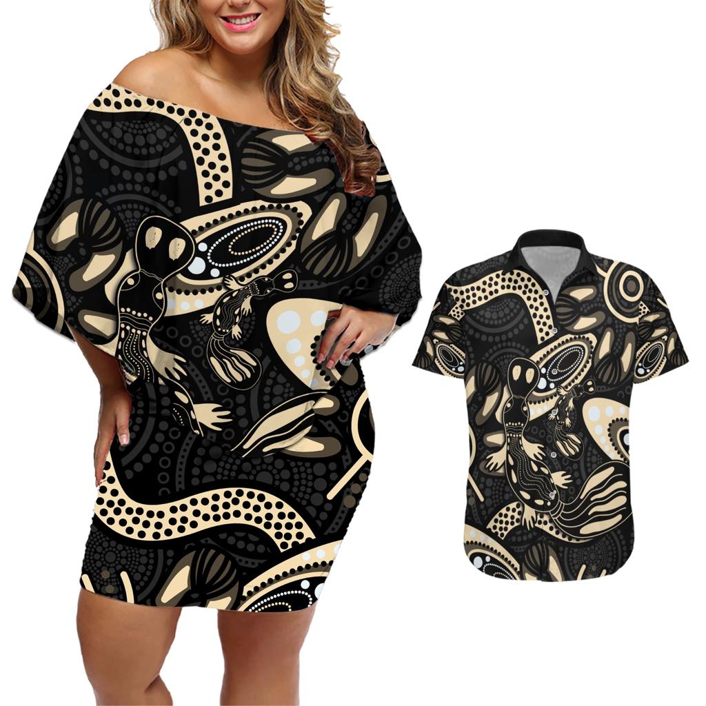 Australia Mothers Day Couples Matching Off Shoulder Short Dress and Hawaiian Shirt Mom And Baby Platypus Aboriginal Art