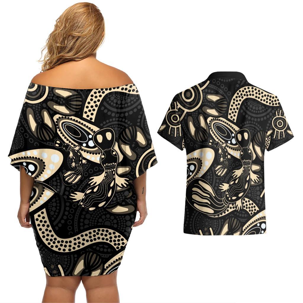 Australia Mothers Day Couples Matching Off Shoulder Short Dress and Hawaiian Shirt Mom And Baby Platypus Aboriginal Art