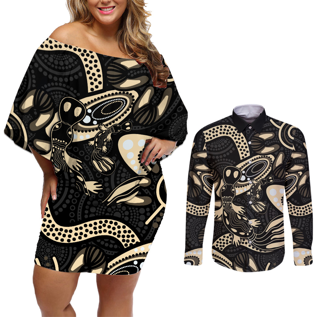 Australia Mothers Day Couples Matching Off Shoulder Short Dress and Long Sleeve Button Shirt Mom And Baby Platypus Aboriginal Art