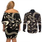Australia Mothers Day Couples Matching Off Shoulder Short Dress and Long Sleeve Button Shirt Mom And Baby Platypus Aboriginal Art