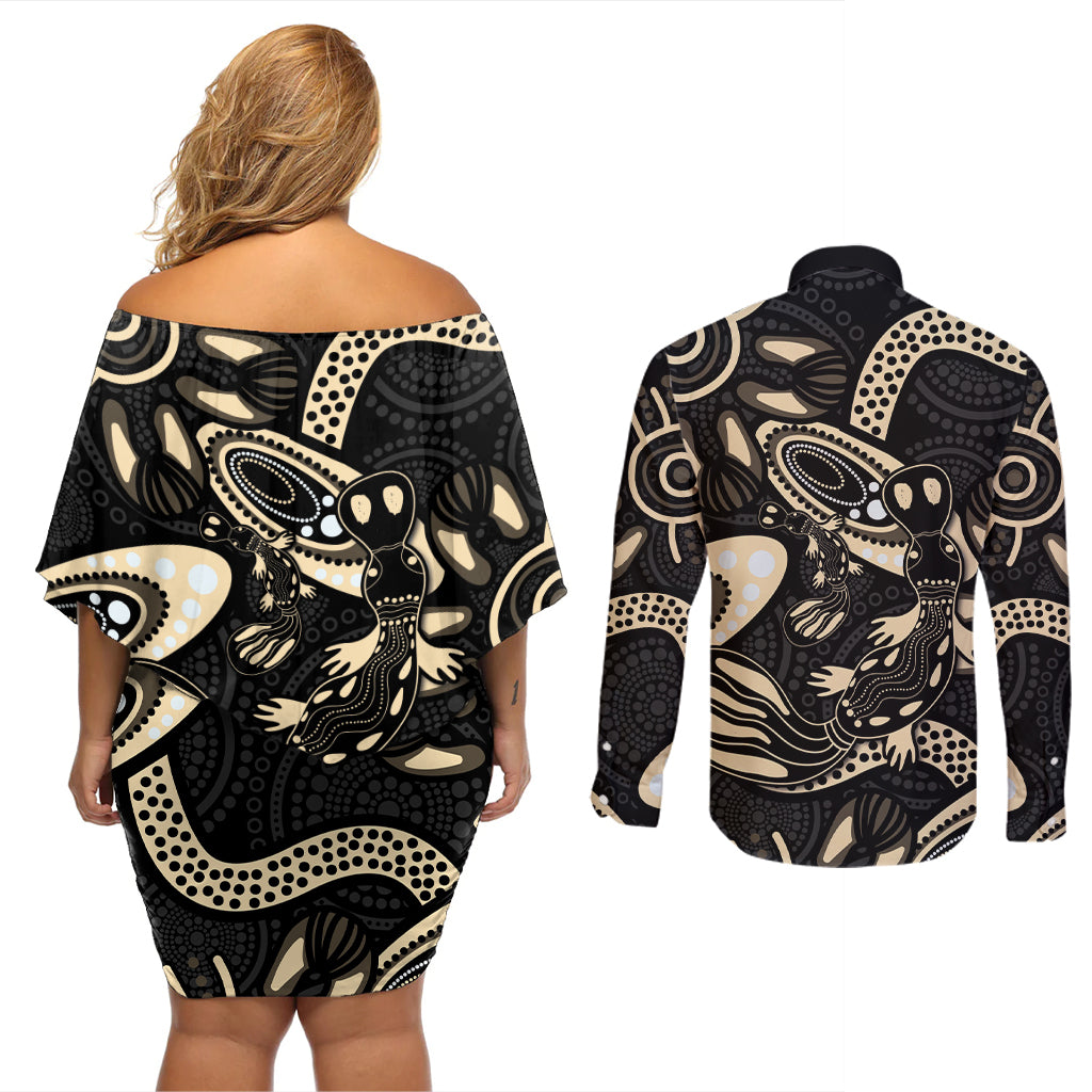Australia Mothers Day Couples Matching Off Shoulder Short Dress and Long Sleeve Button Shirt Mom And Baby Platypus Aboriginal Art