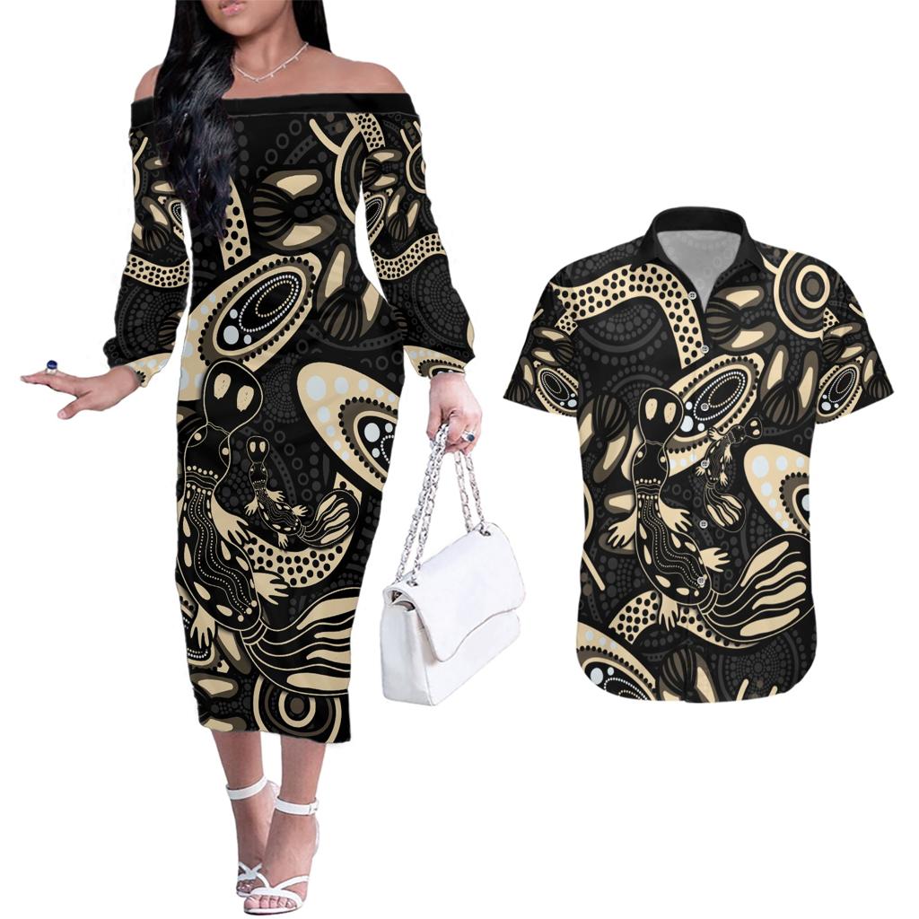 Australia Mothers Day Couples Matching Off The Shoulder Long Sleeve Dress and Hawaiian Shirt Mom And Baby Platypus Aboriginal Art