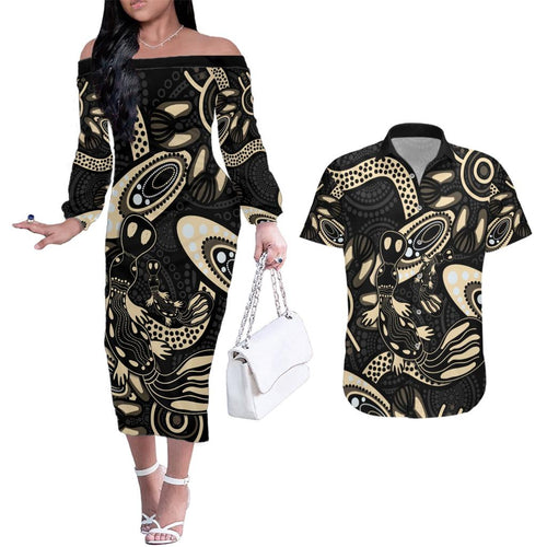 Australia Mothers Day Couples Matching Off The Shoulder Long Sleeve Dress and Hawaiian Shirt Mom And Baby Platypus Aboriginal Art