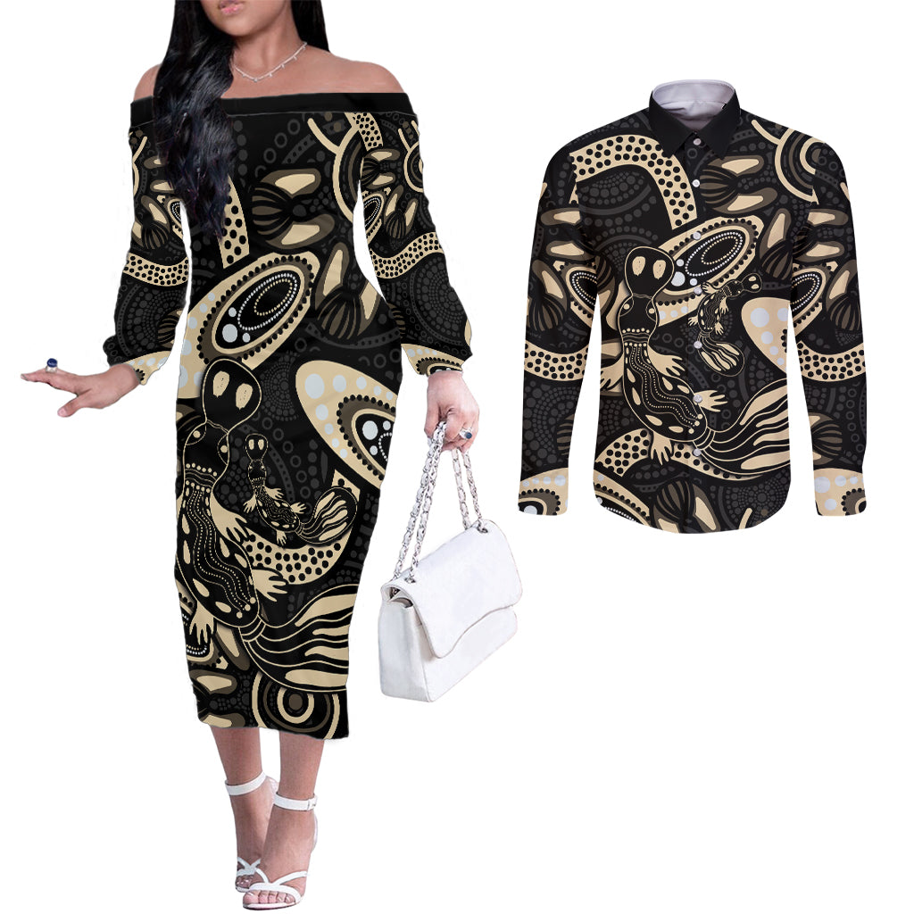 Australia Mothers Day Couples Matching Off The Shoulder Long Sleeve Dress and Long Sleeve Button Shirt Mom And Baby Platypus Aboriginal Art