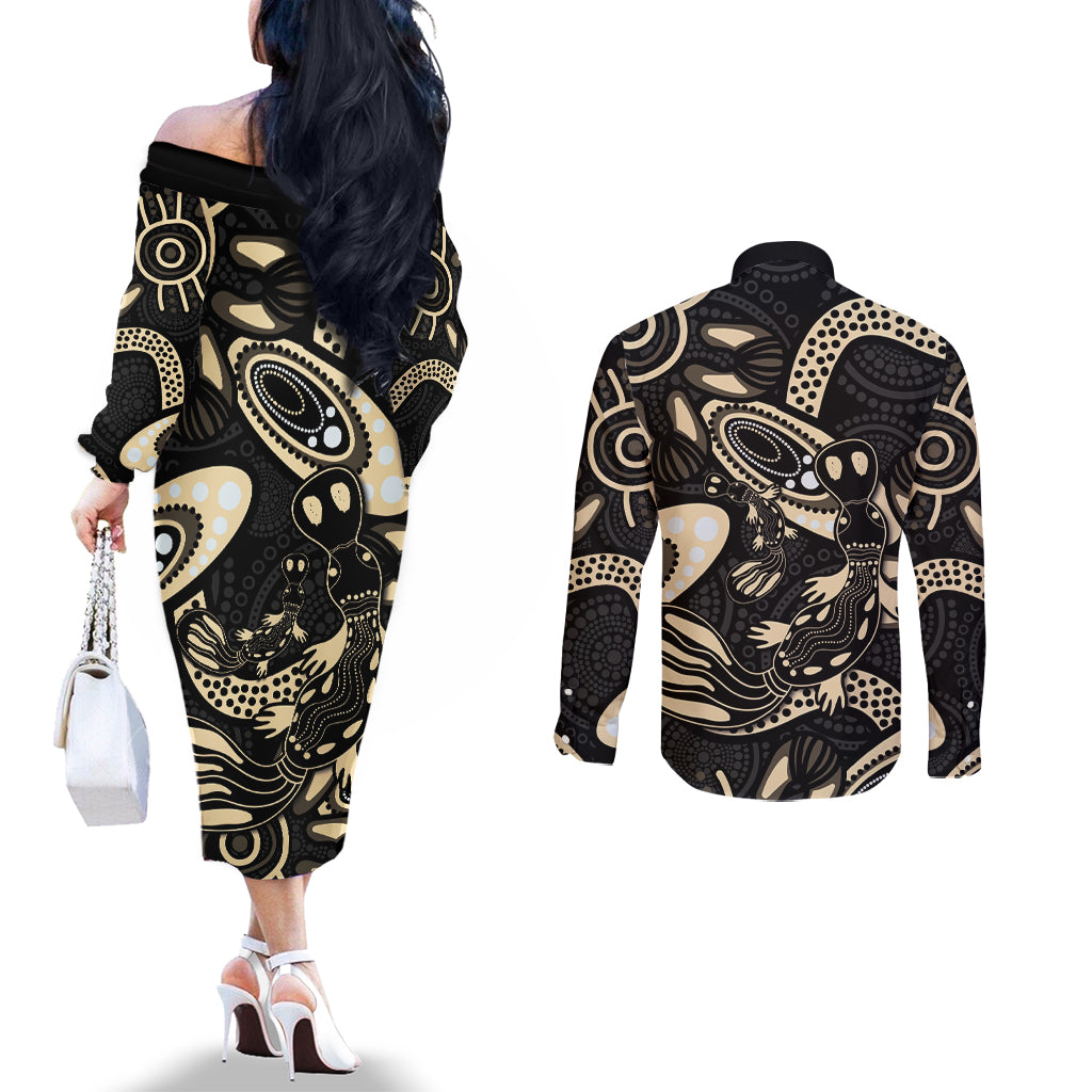 Australia Mothers Day Couples Matching Off The Shoulder Long Sleeve Dress and Long Sleeve Button Shirt Mom And Baby Platypus Aboriginal Art