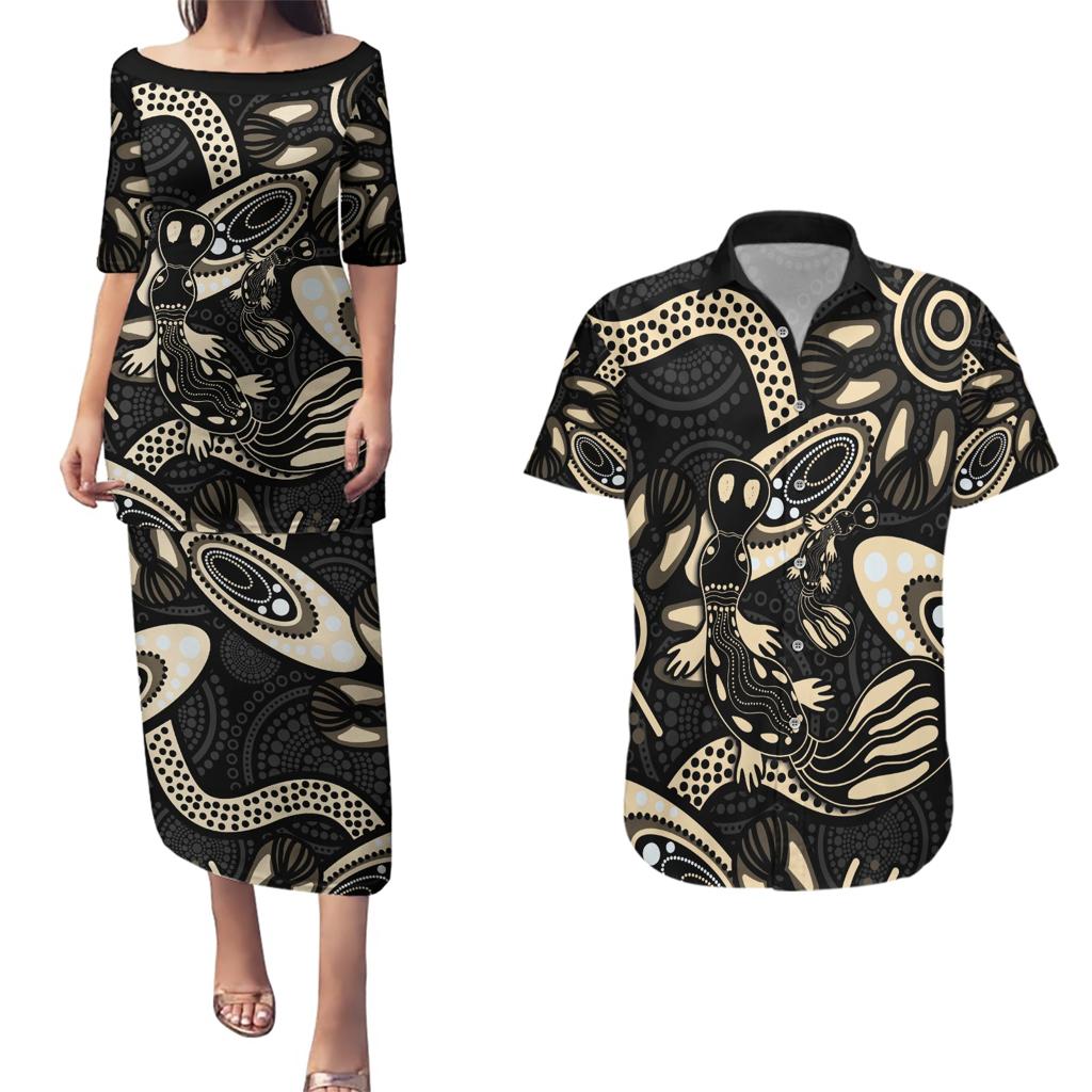 Australia Mothers Day Couples Matching Puletasi and Hawaiian Shirt Mom And Baby Platypus Aboriginal Art
