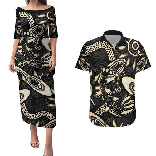 Australia Mothers Day Couples Matching Puletasi and Hawaiian Shirt Mom And Baby Platypus Aboriginal Art